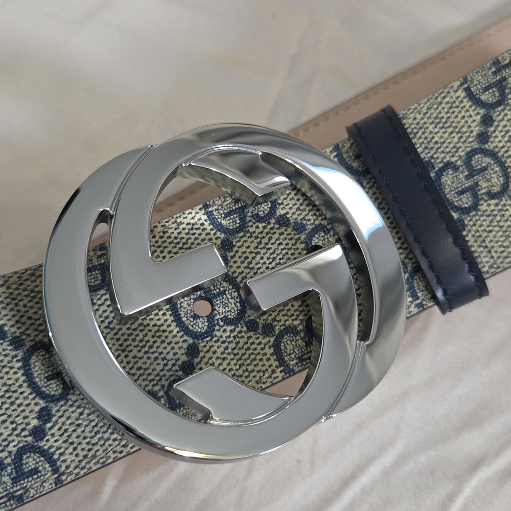 Gucci Blue Beige Monogram Belt with Silver Double G Buckle - Picture 5 of 16